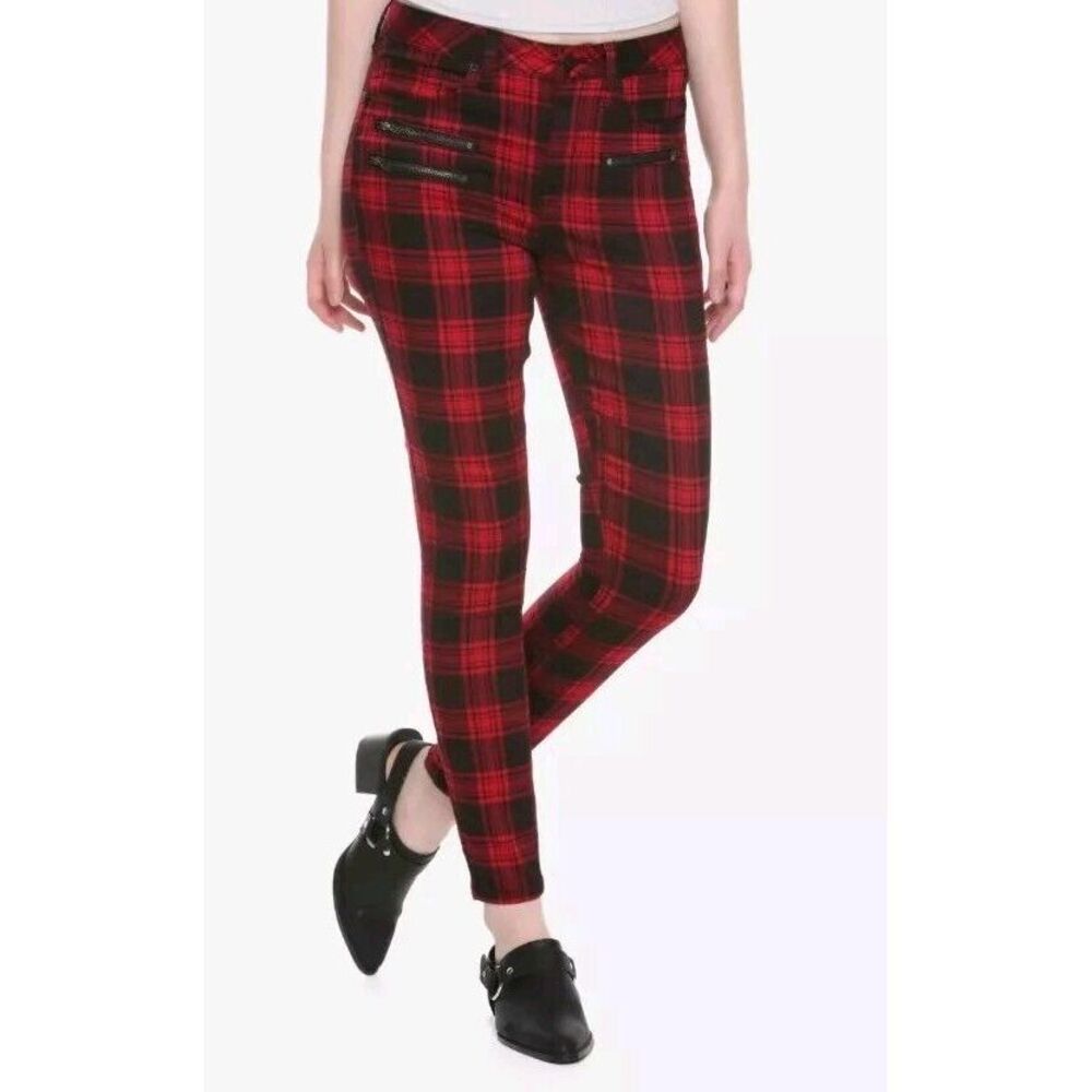 NWT Hot topic Denim Red Plaid High-Rise Super Skinny Jeans Sz 7 Juniors‎ Stretch